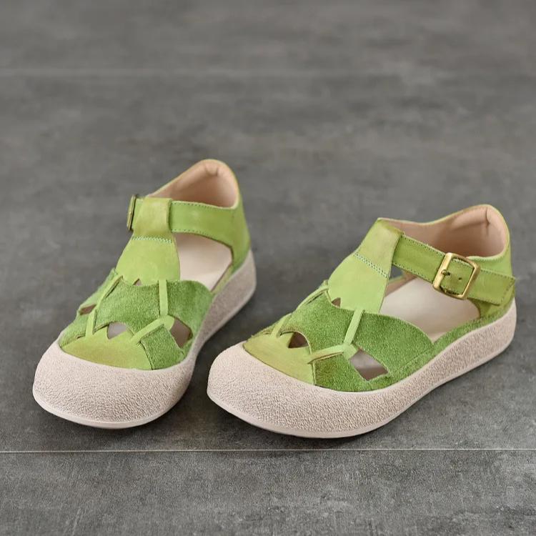 Johnature Round Toe Hollow-out Flat Sandals Genuine Leather Breathable And Comfortable Women's Shoes