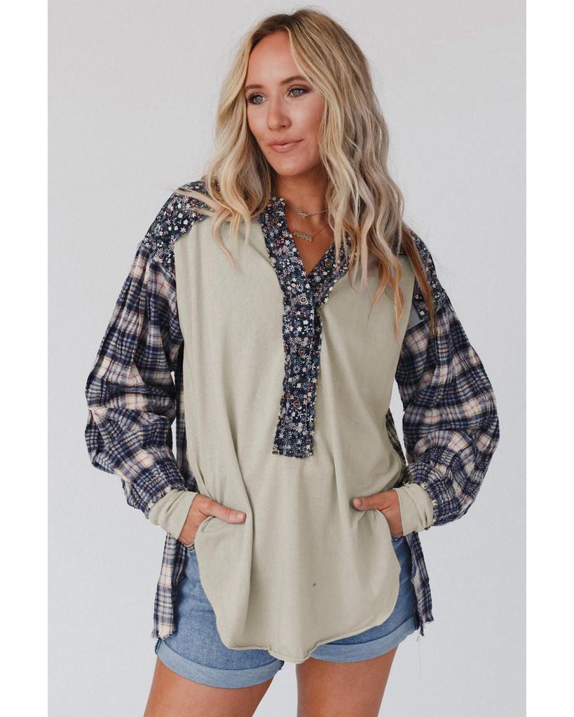 Azura Exchange Blue Floral Plaid Mixed Print Bishop Sleeve Patchwork Top