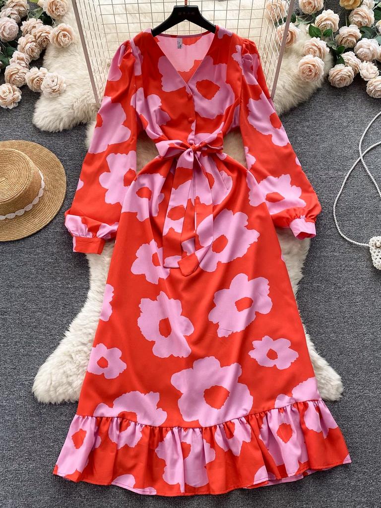 Модное женское платье с цветочным принтом, осеннее элегантное винтажное Бандажное длинное платье макси с рюшами по подолу, вечерние платья