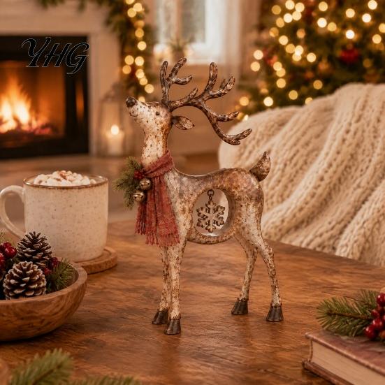 Farmhouse Christmas Home Decorations Rustic Reindeer Figurine, Resin Statue with Hanging Snowflake, Red Collectible Gifts for Friends Scarf And Bell,