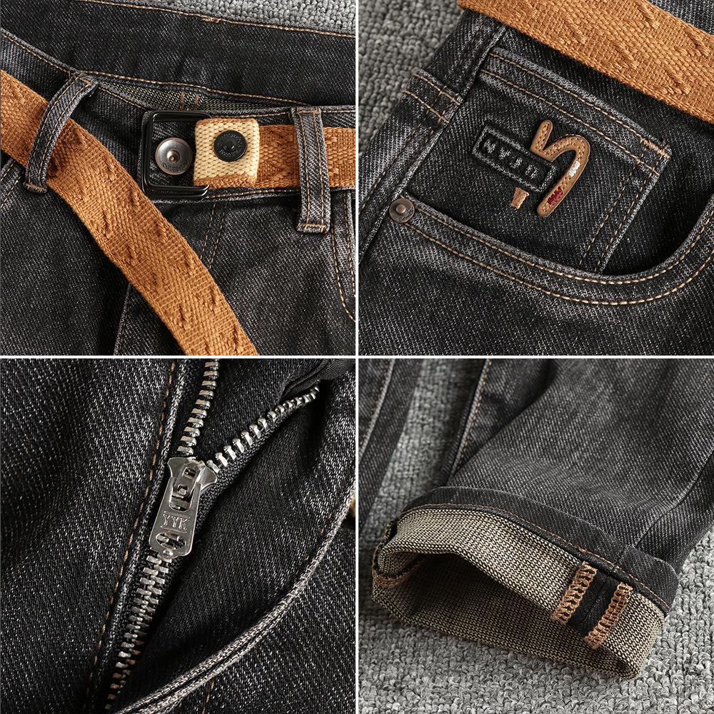 Мужские темно-серые узкие прямые джинсы с потертостями и ремнем