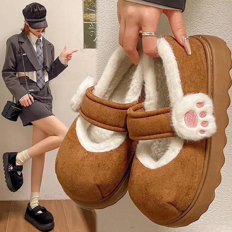 Warm Round Toe Ankle Boots Casual Comfortable Women Flats Cute Cat Paw Cotton Snow Boots Winter Thick Sole Indoor Outdoor Shoes