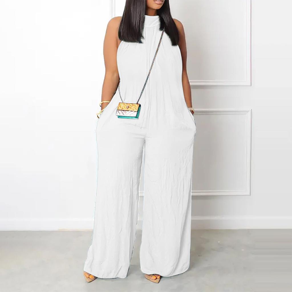 Women's Plus Size Jumpsuit Summer Beach Sleeveless Solid Color Casual Fashion Wide Leg Jumpsuit