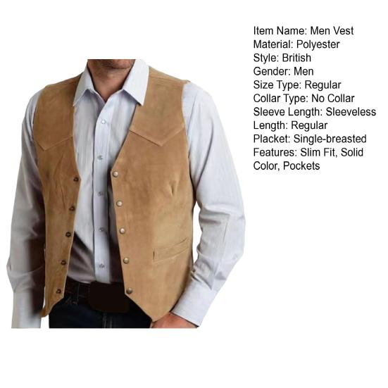 Мужской жилет, пальто без воротника, V-образный вырез, без рукавов, однобортный однотонный жилет с карманами, жилет в стиле Старого Запада, деловой пиджак