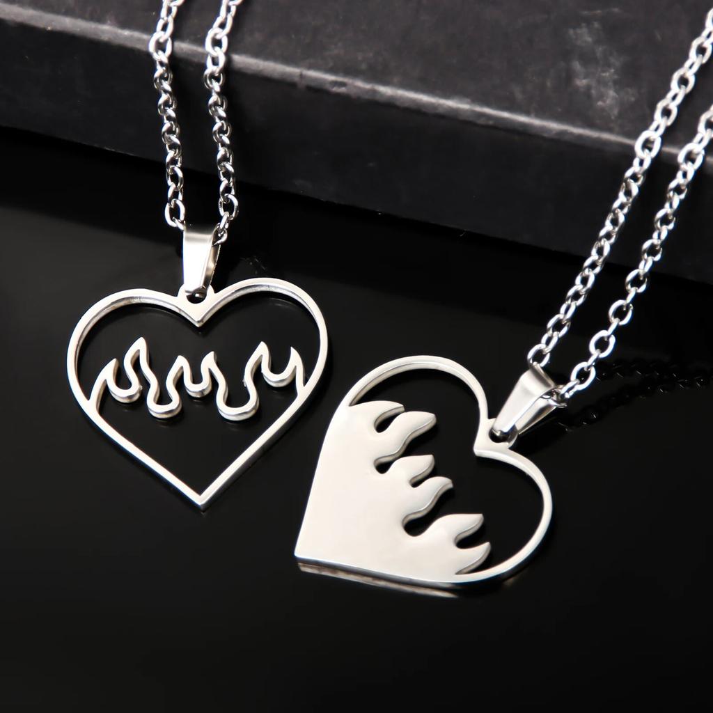 Couple Love Heart Flame Pendant Necklace Sets Gothic Punk Hip Hop Hallow Heart Fire Clavicle Necklace Stainless Steel Jewerly