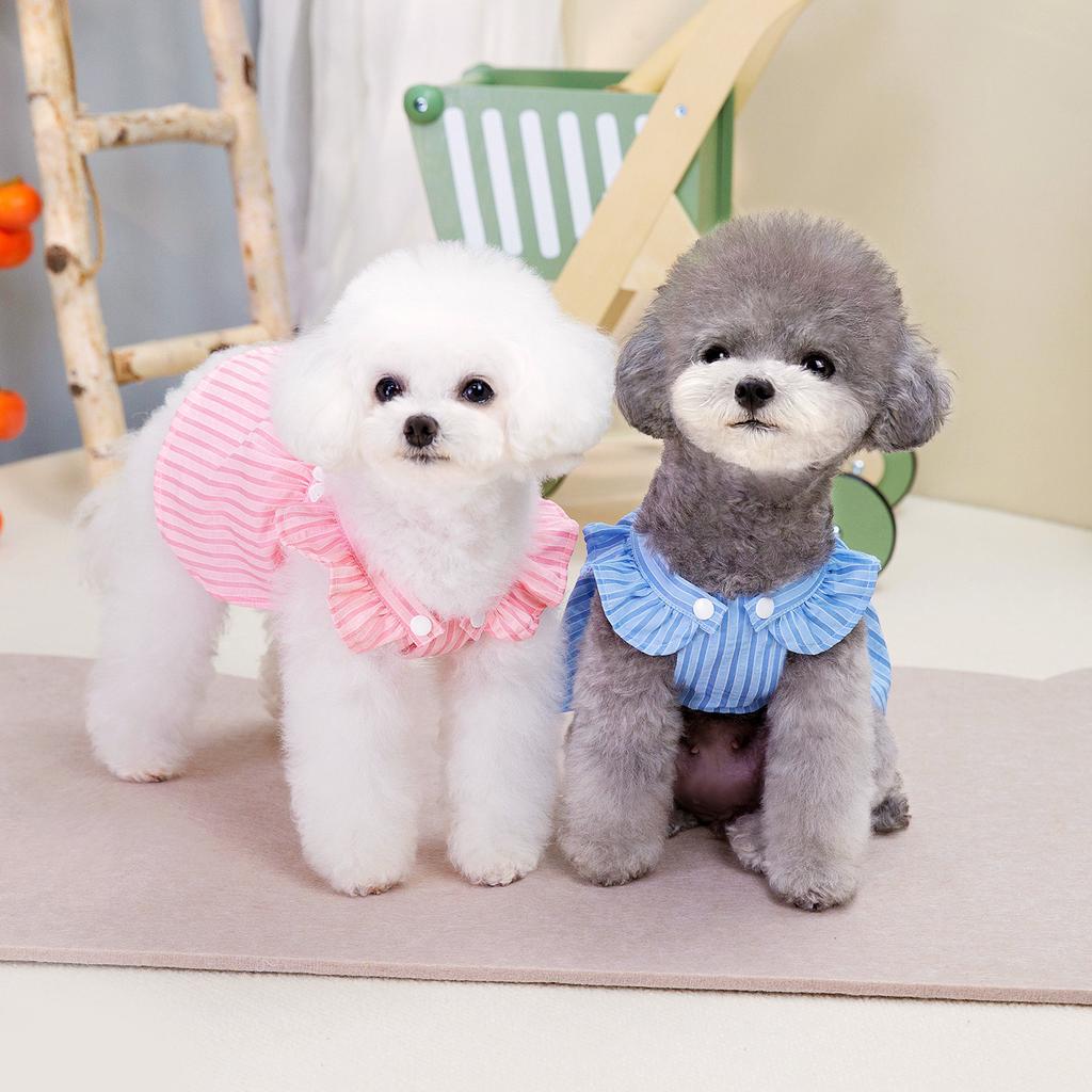 Summer thin tractable dog striped dress, fly-sleeved pet clothes Teddy Bigbear breathable princess dress