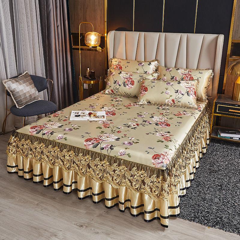 Роскошное моющееся ледяное мягкое постельное белье, кружевная юбка для кровати, живописные покрывала с вышивкой, королевский размер, складной крутой коврик