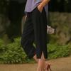 Women Cropped Pants Elastic Waist Wide Leg Beach Pants with Pockets Solid Color Casual
