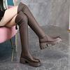 Новое поступление Женские эластичные зимние ботфорты Круглый носок Массивный каблук Платформа Водонепроницаемые ботфорты до колена