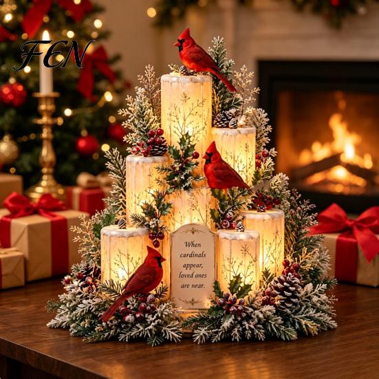 Christmas Cardinals Table Centerpiece Lighted Centerpiece, Memorial Red Bird Figurine, Light Up Ornament for Home Mantel, Sympathy Remembrance