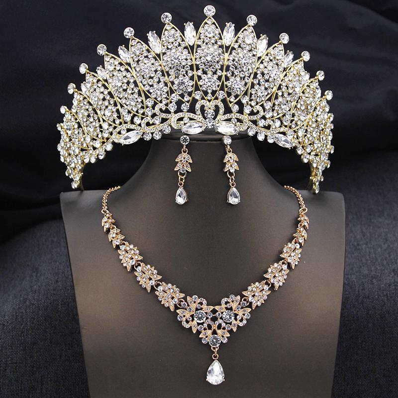 Royal Queen Champagne Tiaras and Crowns Bridal Jewelry Sets for Women Wedding Crown and Necklace Earrings Tiara Set Accessories