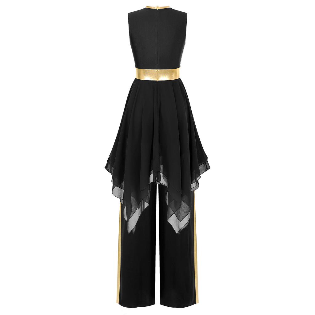 Женский костюм для современного танца, платье с неровным подолом и цветными блоками, металлизированная пэчворк, брюки широкого кроя, танцевальная одежда