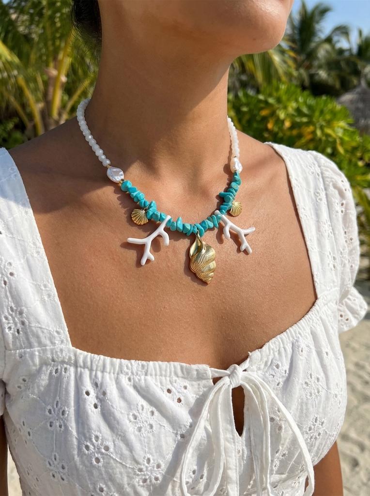 Summer Ocean Conch Shell Faux Coral Faux Pearl Beaded Necklace Beach Vacation Choker For Women