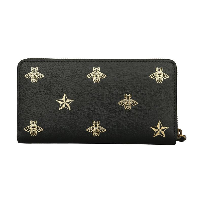 Gucci Distressed bee star print long zipper leather wallet wallet men's black