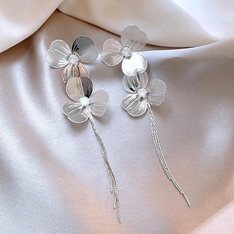 1Pair Exaggerated Unique Metal Flower Tassel Long Drop Earrings For Women Girls Personalized Earrings Daily Accessories Gifts