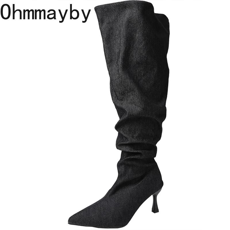 Модные дизайнерские женские сапоги с острым носком выше колена, модные женские длинные сапоги с большим цилиндрическим обхватом и тонким высоким каблуком
