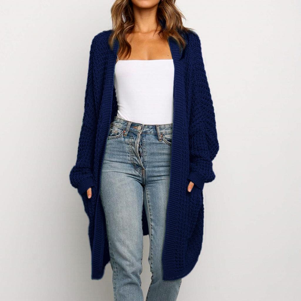 Womens Patchwork Cardigan Long Sleeve Open Front Knit Sweaters Coat Pockets