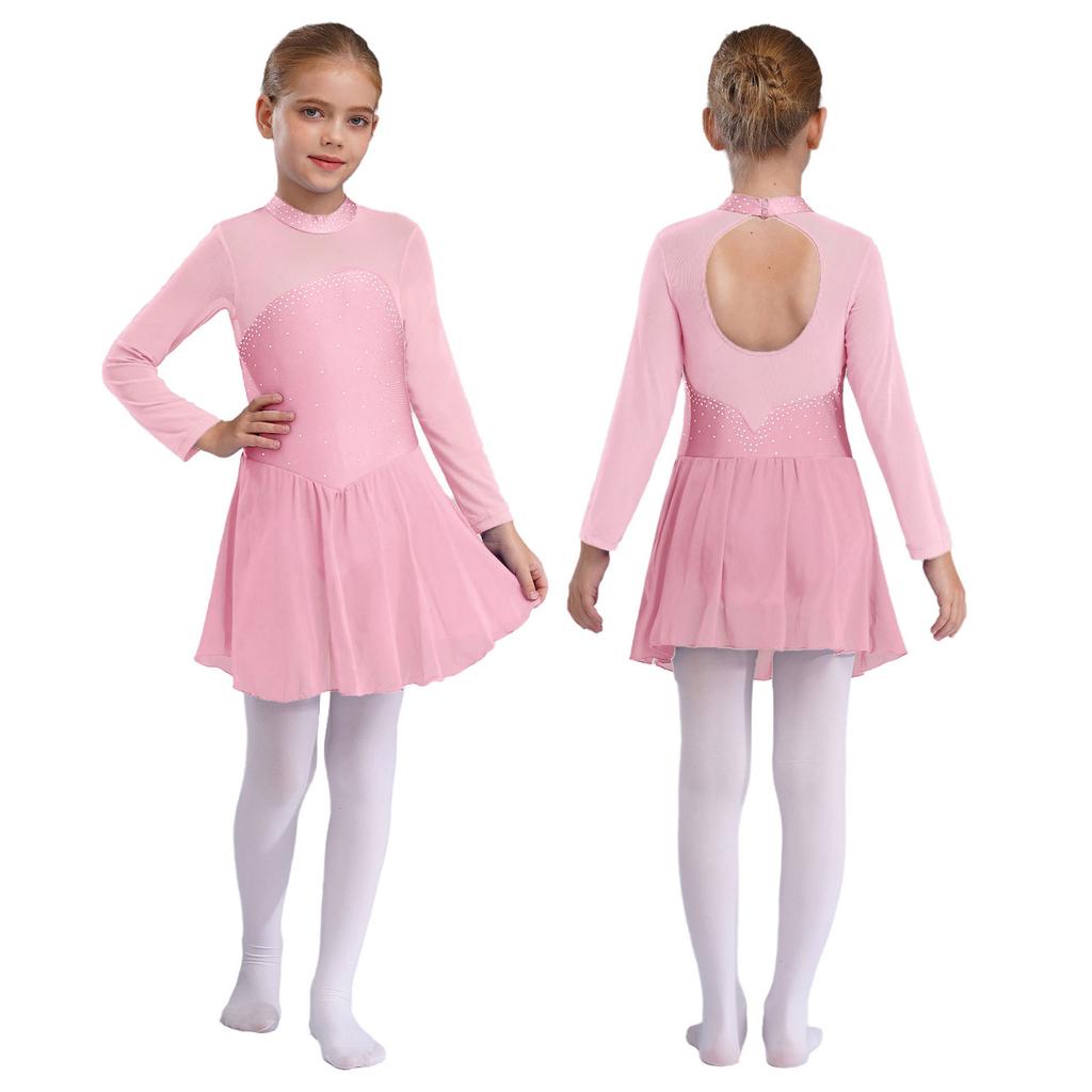 Shiny Rhinestones Dance Leotard for Girls Sheer Mesh Long Sleeves with Keyhole Back Figure Skating Ballet Dress