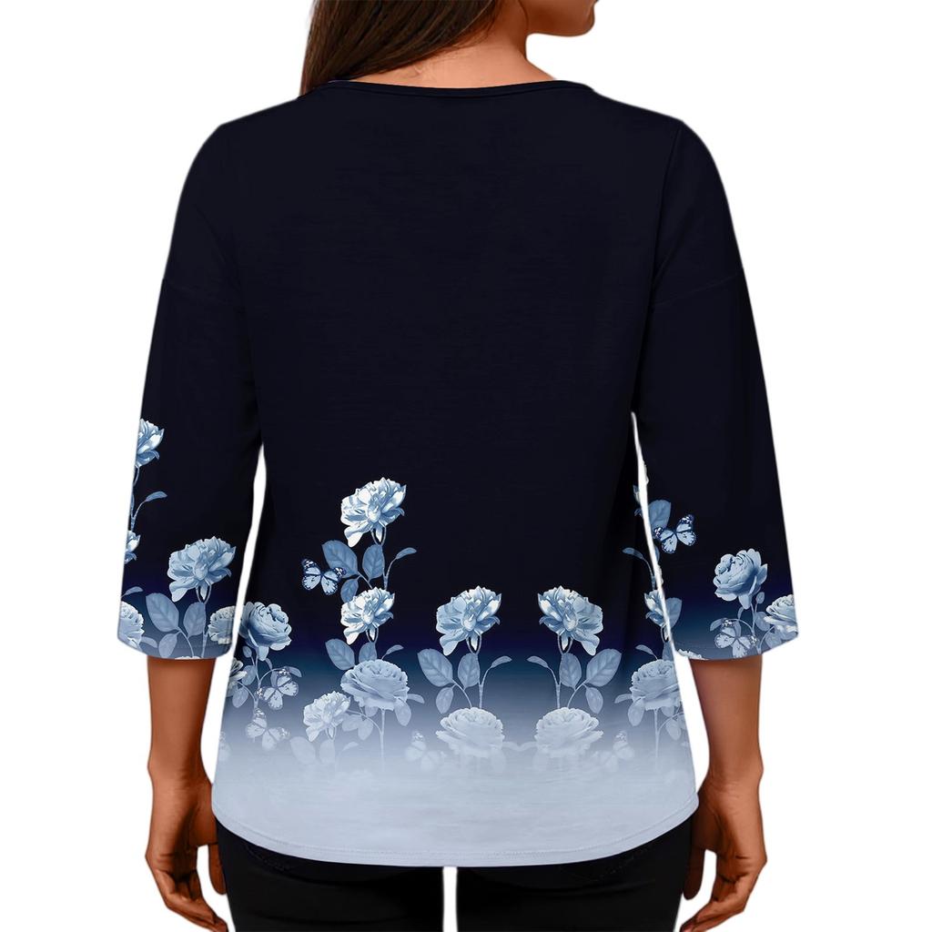 Women's Casual Fashion Loose Round Neck Floral Print Long Sleeve Top