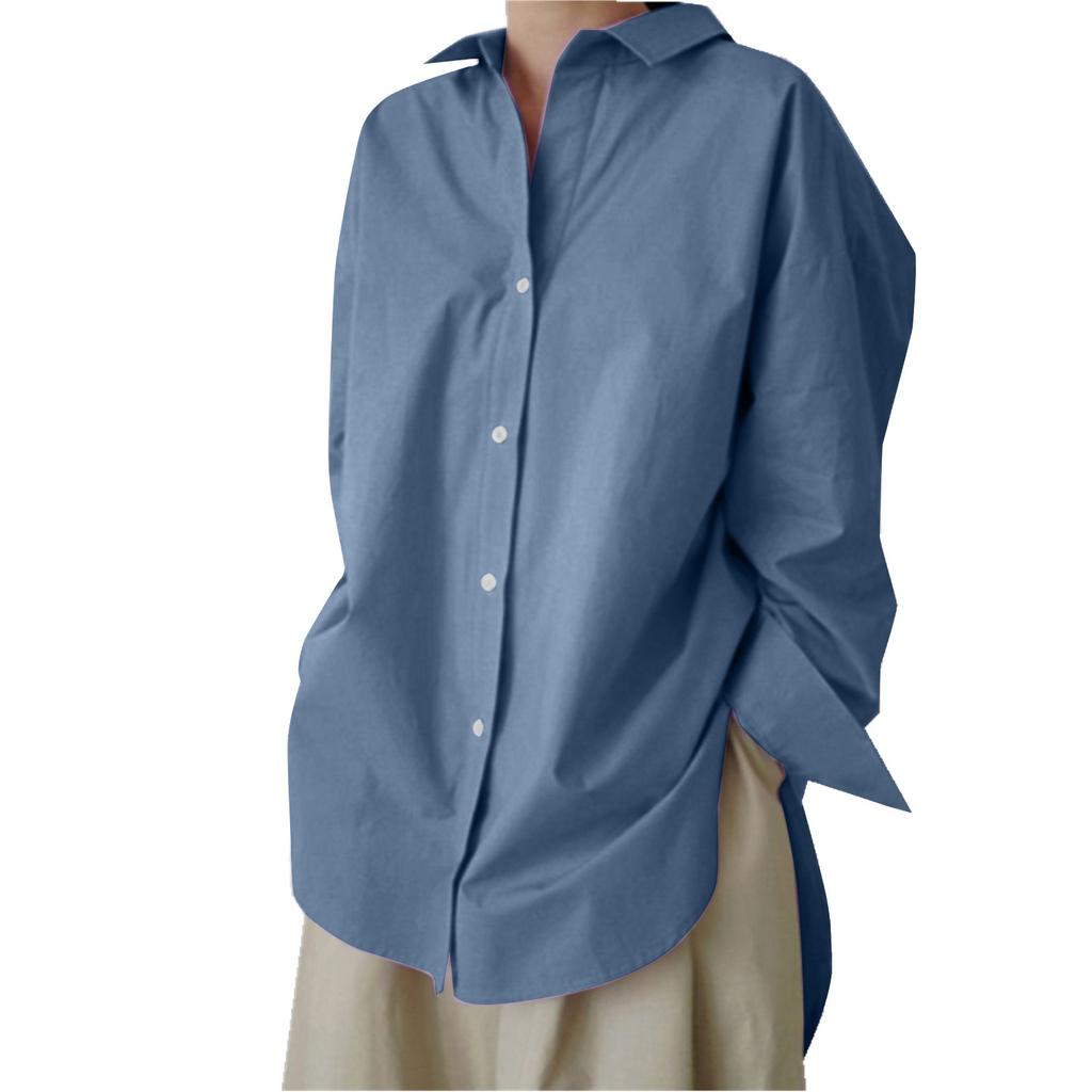 Women's  Casual Fashion Solid Color Single-breasted Lapel  Stitching Long-sleeved Loose Shirt