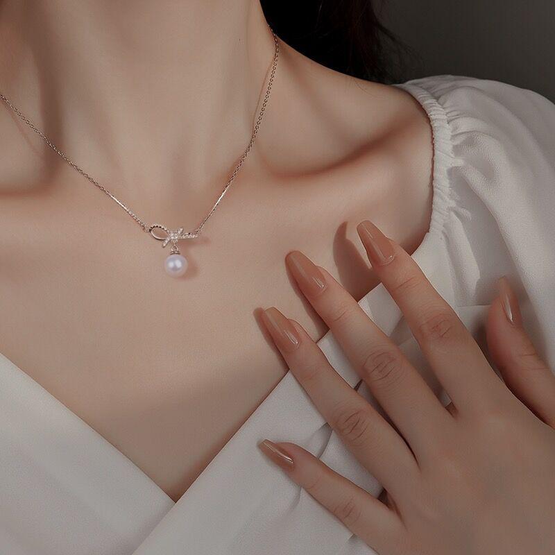 Pearl Bow Necklace Women's Fashion Versatile Clavicle Chain Diamond Pendant Necklace