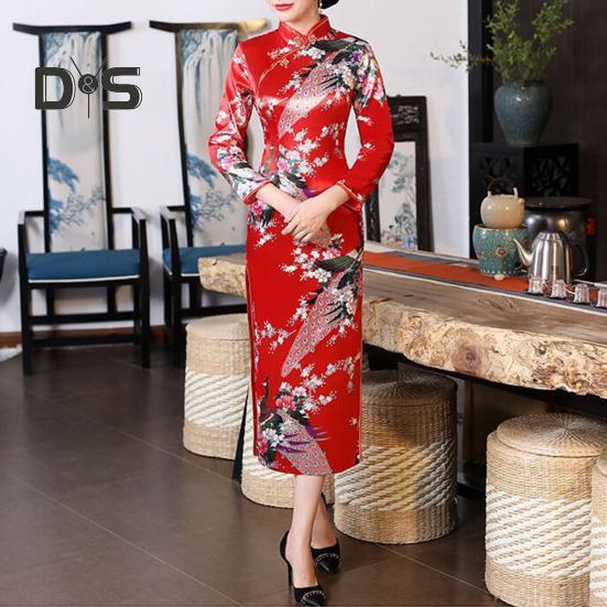 Women Dress Chinese National Style Floral Print Stand Collar Three Quarter Sleeves High Side Split Chinese Knot Buttons Cheongsam Satin Silky Slim