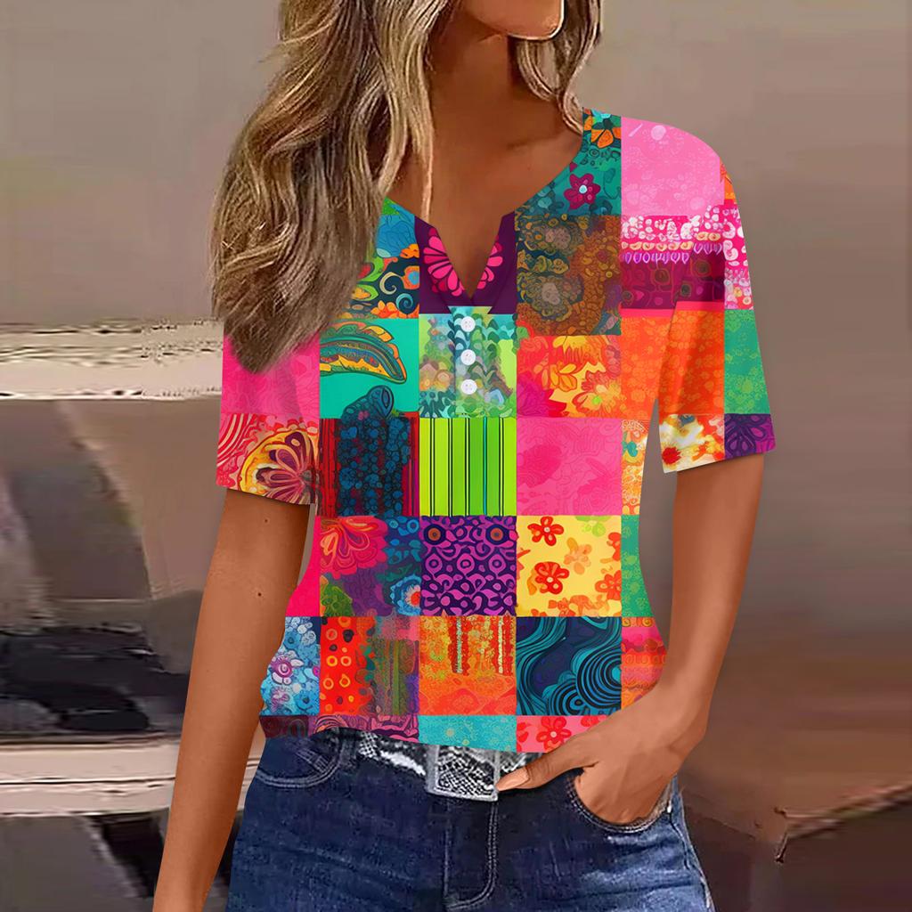 Жен. Футболка С принтом Пуговицы С короткими рукавами Повседневные Выходные Мода Классический Классический V-образный вырез Обычный Топ