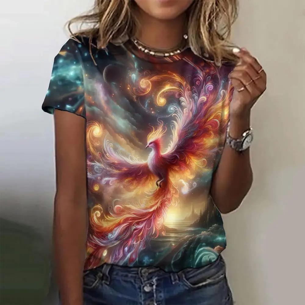 Летняя женская футболка с модным узором «Феникс», топ с короткими рукавами, свободный топ с круглым вырезом, женская футболка для вечеринок