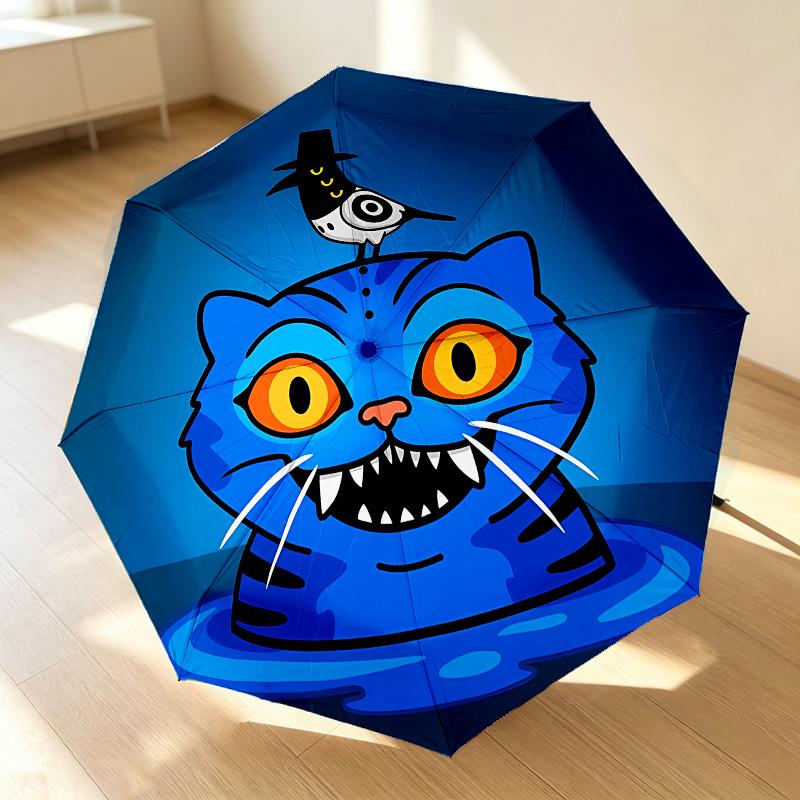 Blue Cat Crow 8 Ribs 3Fold Black Glue Uv Protection Umbrella Sun Protection Rainproof Compact Folding Umbrella For Travel Daily Use C923644