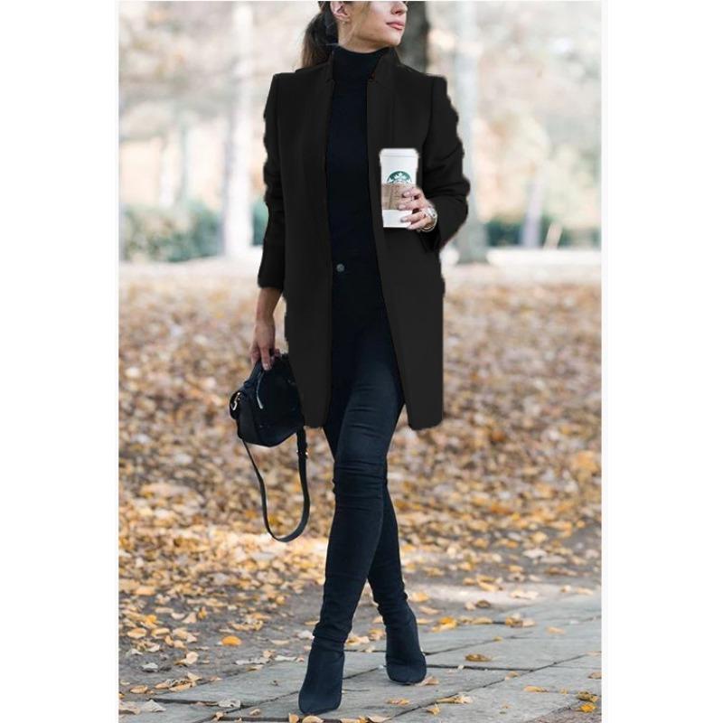 Осень и зима Новое модное однотонное шерстяное пальто с воротником-стойкой для женщин