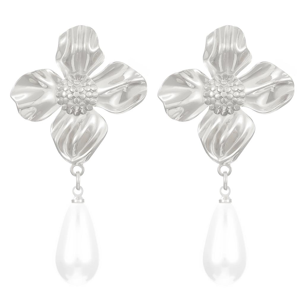 High-end Metal Flower Cold Wind Pearl Pendant Earrings Women's Niche Design Temperament Stud Earrings Wholesale