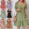 Летние свободные однотонные женские повседневные платья с коротким рукавом, модное винтажное элегантное сексуальное платье с баской, женское свободное платье с оборками на талии 25924