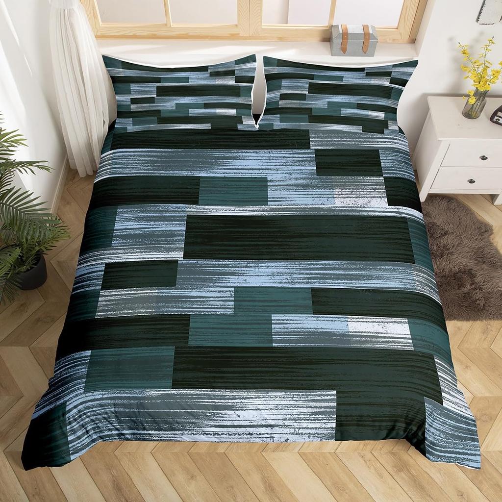 Geometric Bedding Set,Patchwork Plaid Duvet Cover Twin King for Teens Adults,Retro Vintage Comforter Cover,Wooden Plank Bed Set