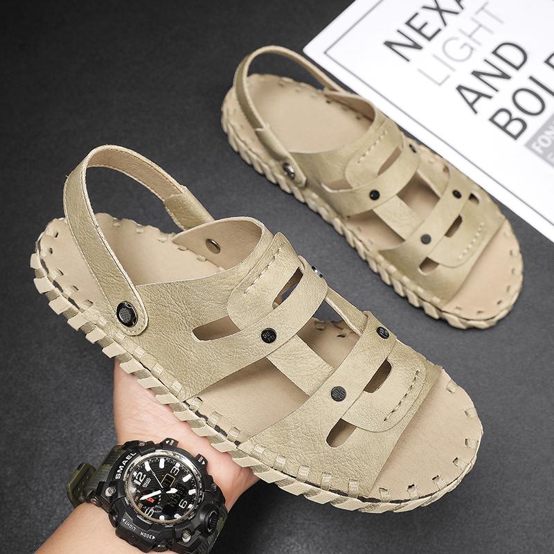 Модные мужские легкие нескользящие дорожные тапочки лето 2024 года на открытом воздухе на плоской подошве дизайнерские повседневные кожаные нескользящие пляжные сандалии без застежек