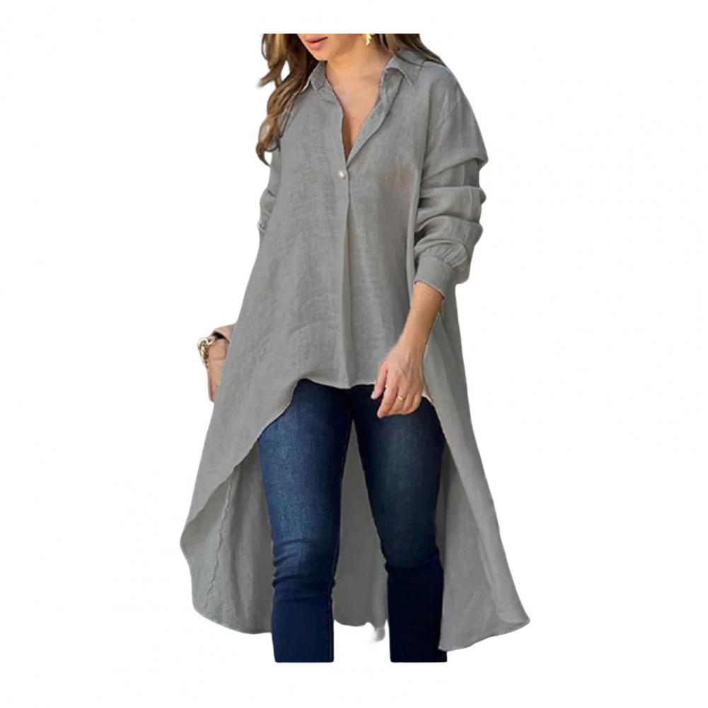 Женская рубашка с лацканами и пуговицами, сплошная цветная рубашка с длинными рукавами и неровным подолом, свободная тонкая рубашка, топы, рабочая одежда