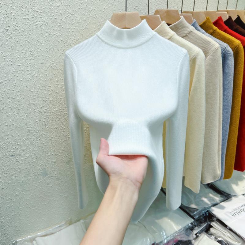 Autumn Warm Velvet Knitted Women's Sweater Casual Winter New Thicken Half High Collar Base Pullover Sweaters Elegant Solid Slim Plush Knitwears 25206