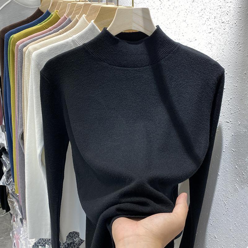 Осень-зима, длинный рукав, свитер, вязаный свитер, новая повседневная базовая рубашка, тонкий женский внутренний топ, полуводолазка, вязаные свитера, одежда 2579