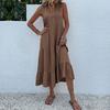 Sleeveless V Neck Casual Summer Women Dress Fashion Loose Elegant Office Ladies Dresses Layered Ruffled Solid A-line Female Dress 922