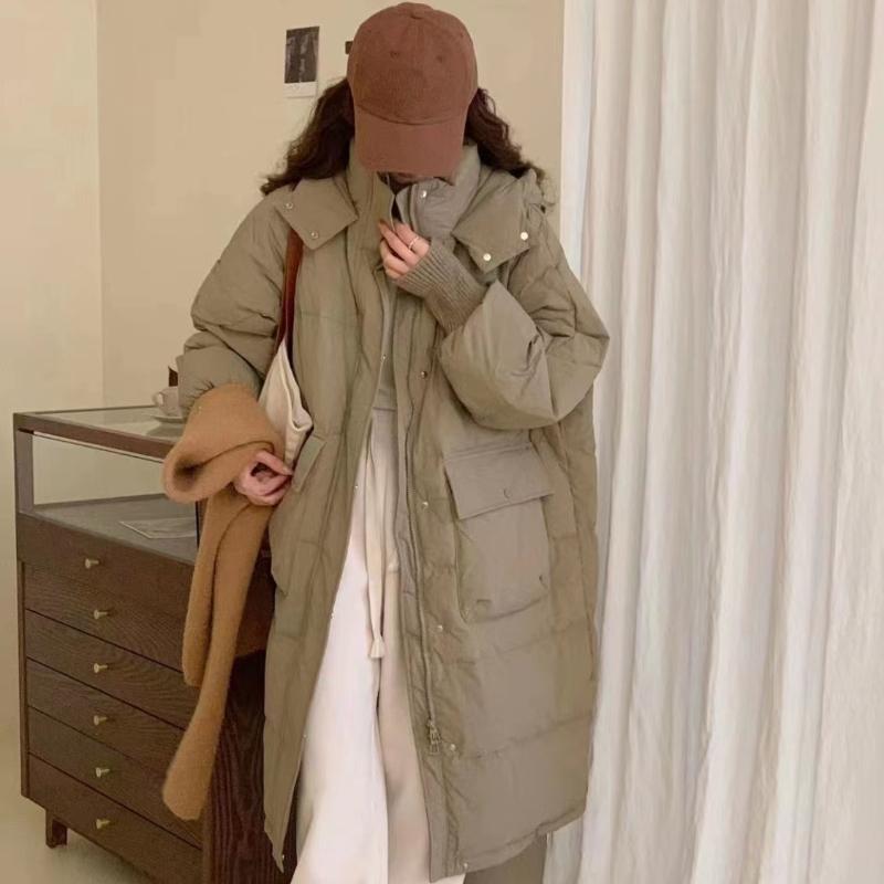 2024 New Casual Long Sleeve Thickened Warm Hooded Down Coats Women Winter Solid Office Lady Long Overcoat Korean Fashion Outerwear Autumn