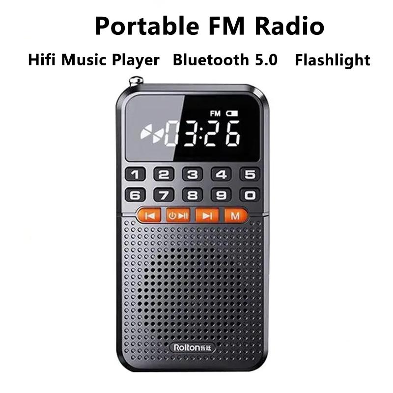 Portable FM Mini Dual Antenna Pocket Radio Receiver Bluetooth Speaker TF Card Music Player with LED Flashlight