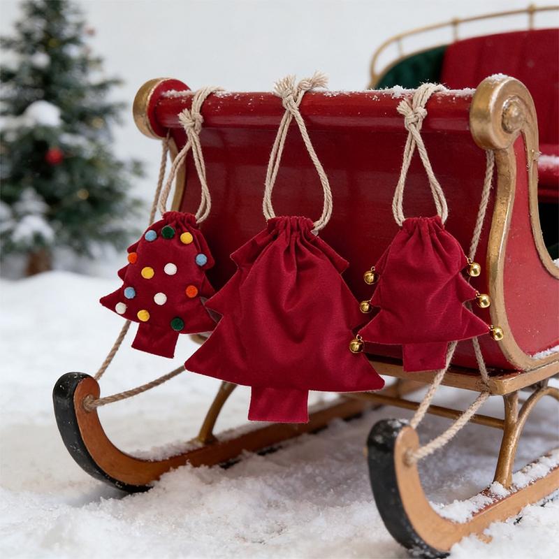 Christmas Tree Velvet Drawstring Gift Bag with Bells Xmas Hanging Ornament Candy Pouch Christmas Party Decoration Supplies 7
