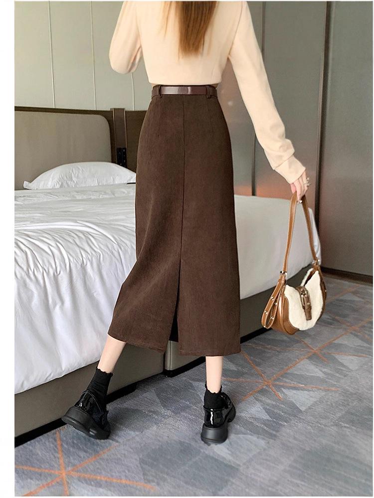 Женская вельветовая ретро осенне-зимняя приталенная прямая юбка с разрезом сзади