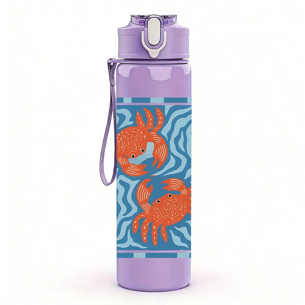 1PC Blue Crab Geometric Pattern 750ml Color Plastic Sports Water Bottle Leakproof Flip Straw Lid Suitable for Sports Office Home Use
