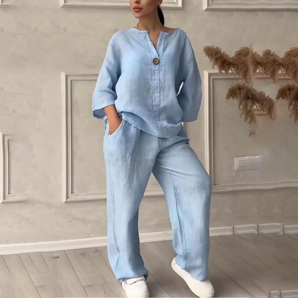 Женский пуловер с круглым вырезом и v-образным вырезом, повседневные длинные брюки из хлопка и льна с длинными рукавами, модный костюм