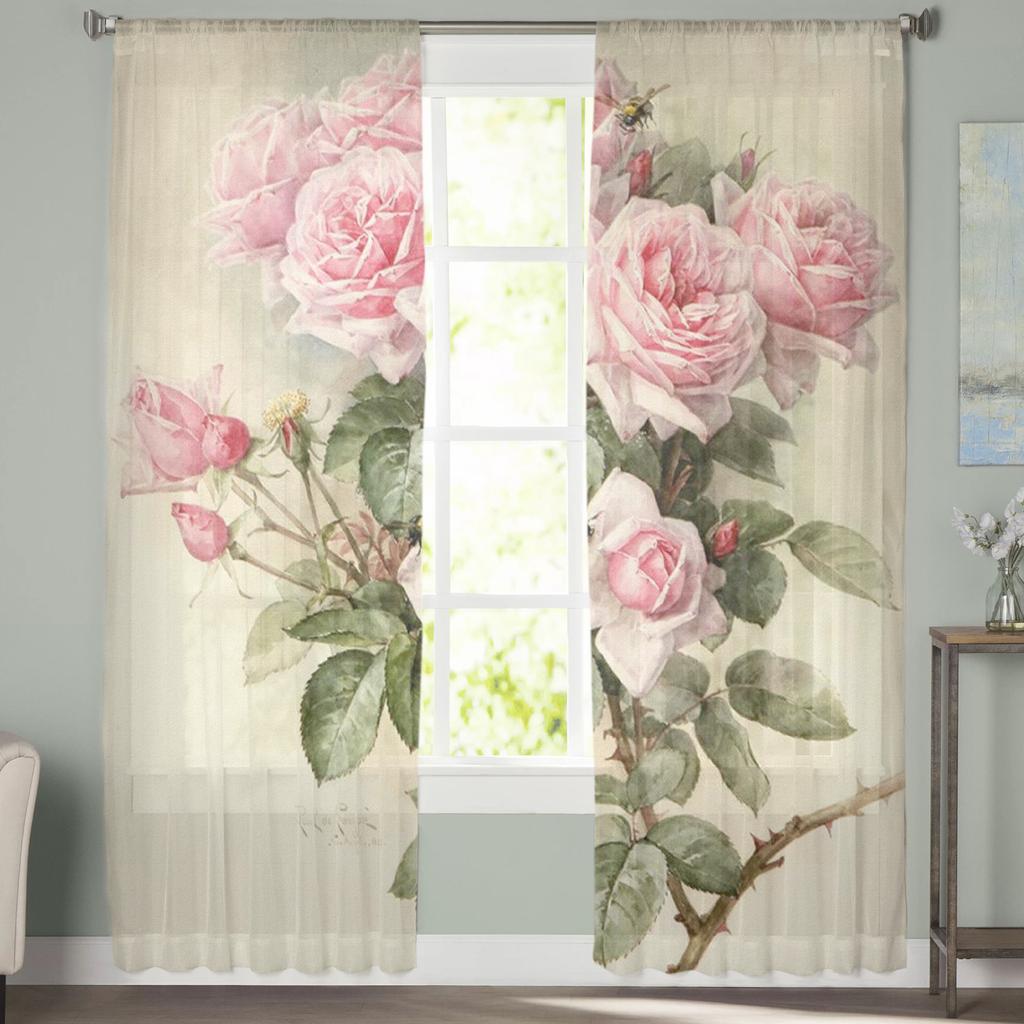 Pink Rose Vintage Tulle Window Curtain For Living Room Modern Sheer Curtain For Bedroom Kitchen Drapes Custom