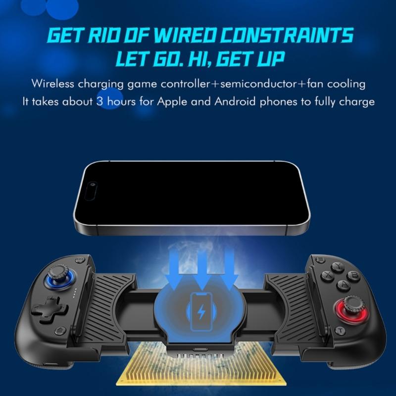 Растягивающийся беспроводной геймпад с поддержкой зарядки Hall Effect Joystick Bluetooth-совместимый геймпад для телефона с охлаждающим вентилятором