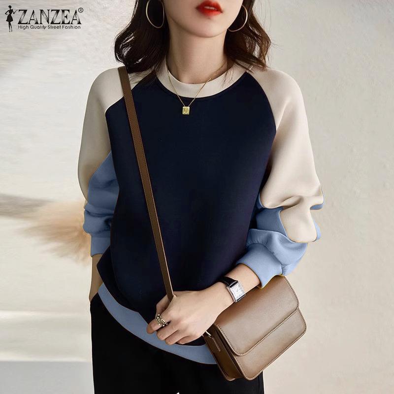 ZANZEA Женские повседневные топы с длинным рукавом и о-образным вырезом в стиле пэчворк