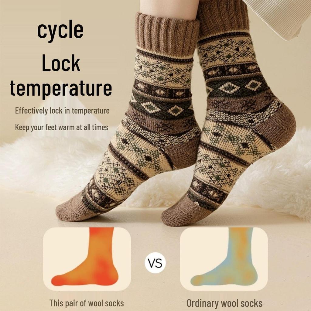 Women's Retro Ethnic Wool Socks - Warm, Fleece-Lined, Mid-Calf for Autumn/Winter
