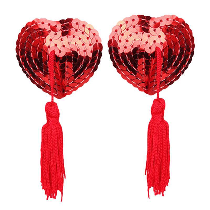 Heart-Shaped Silicone Nipple Covers with Tassels and Sequins - Sexy Lingerie Accessories