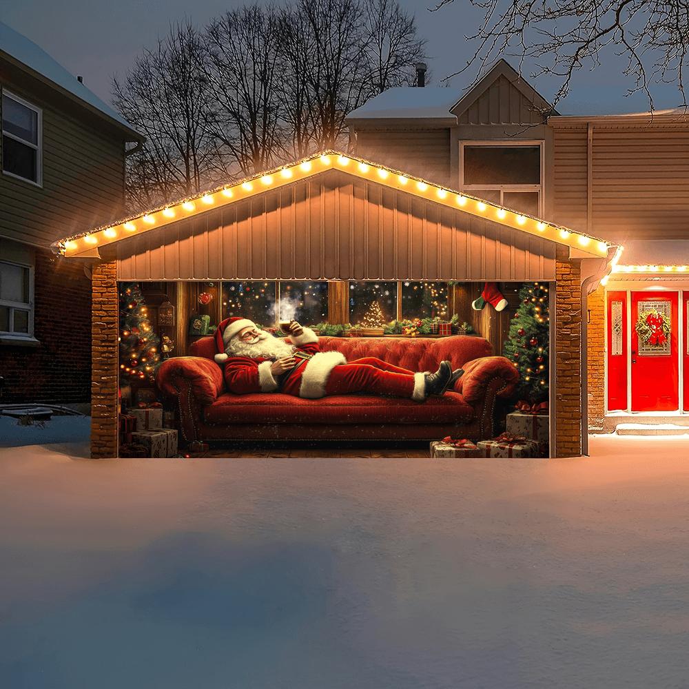Comfortable Santa Claus and Wine Heating Garage Door Banner - 6x13 feet large polyester fiber Christmas decorationZL
